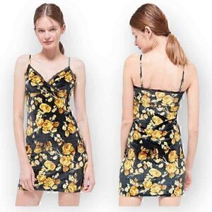 Urban Outfitters Black Yellow Floral Bernadette Stretchy Velvet Mini Dress S